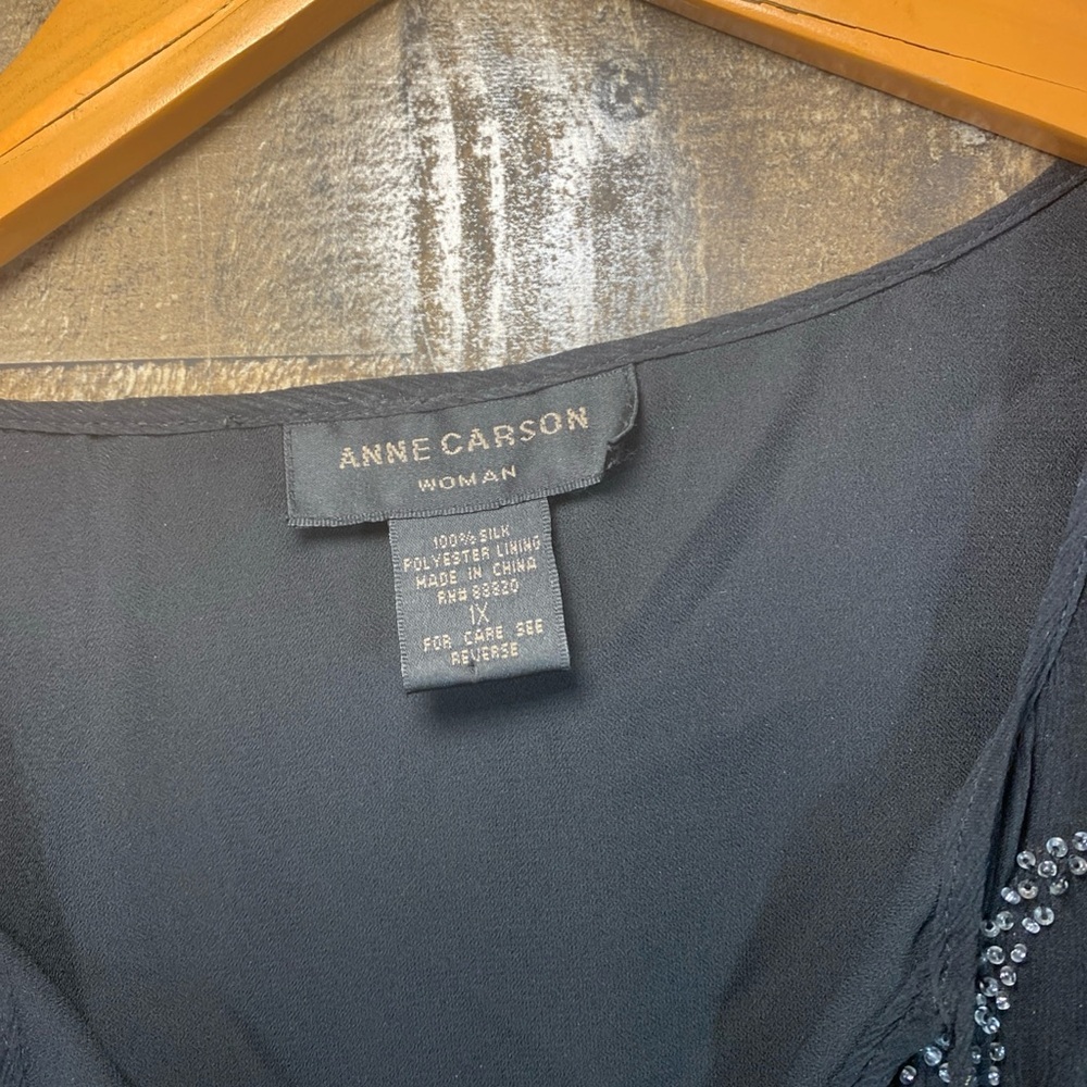 Anne Carson Black Silk Sheer Black Beaded Long Sleeve Blouse W/ Lining Size 1X - Picture 4 of 11